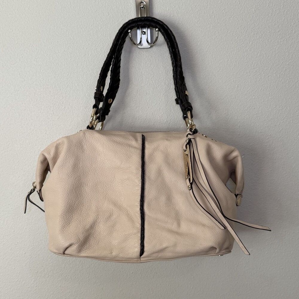 B. Makowsky Cream Beige Leather Shoulder Bag Satchel Braided Handles Boho Purse